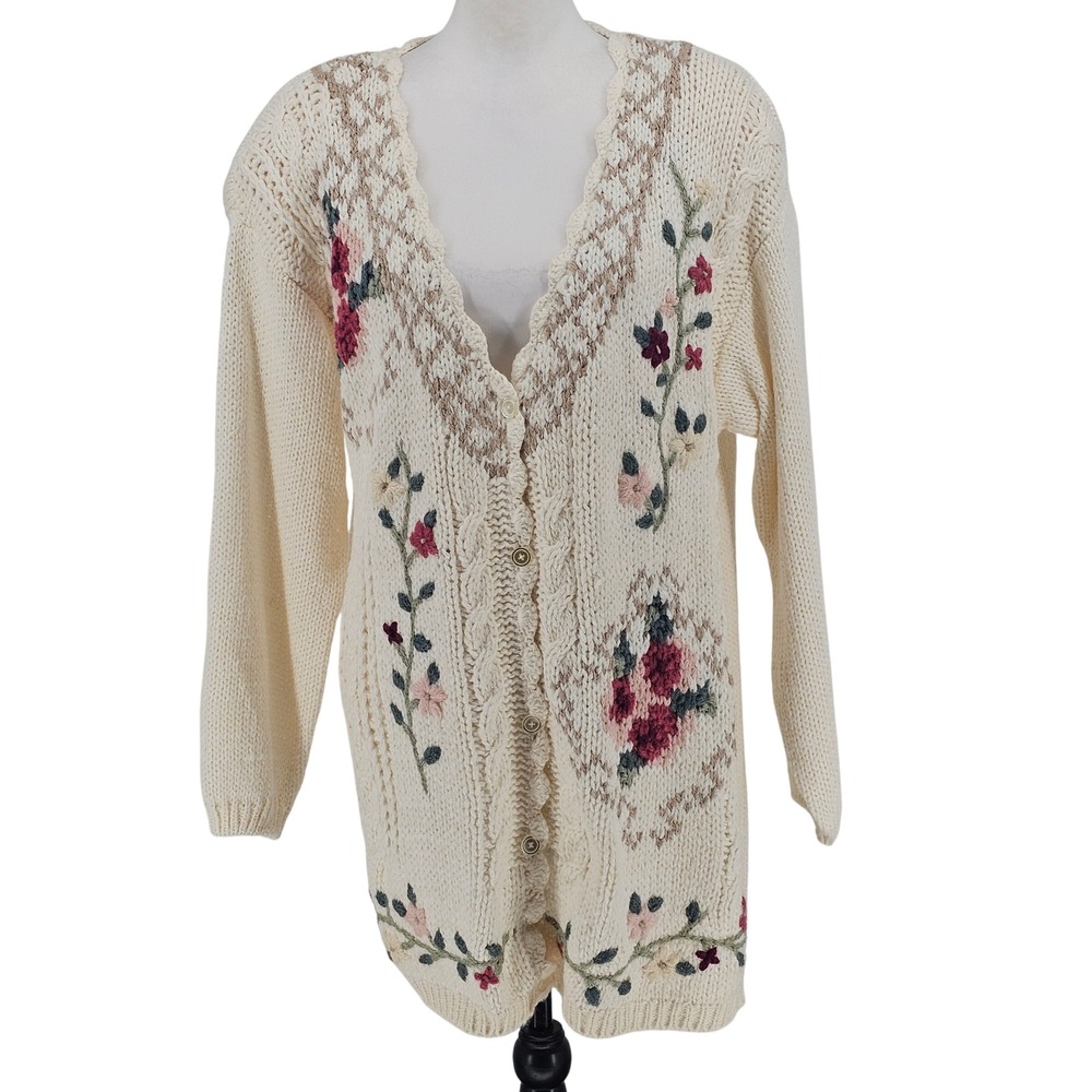Vintage 90s Hand Knit Floral Cardigan Sweater Plus Size 24 Shenanigans NWT NOS